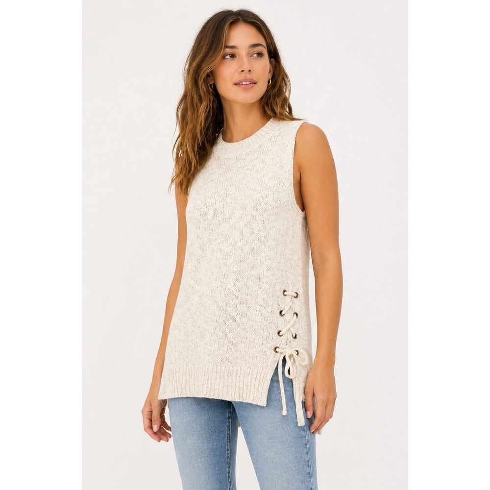 Sun & Shadow Sleeveless Sweater Tunic Women's XS Cream Lace Up Side Boho